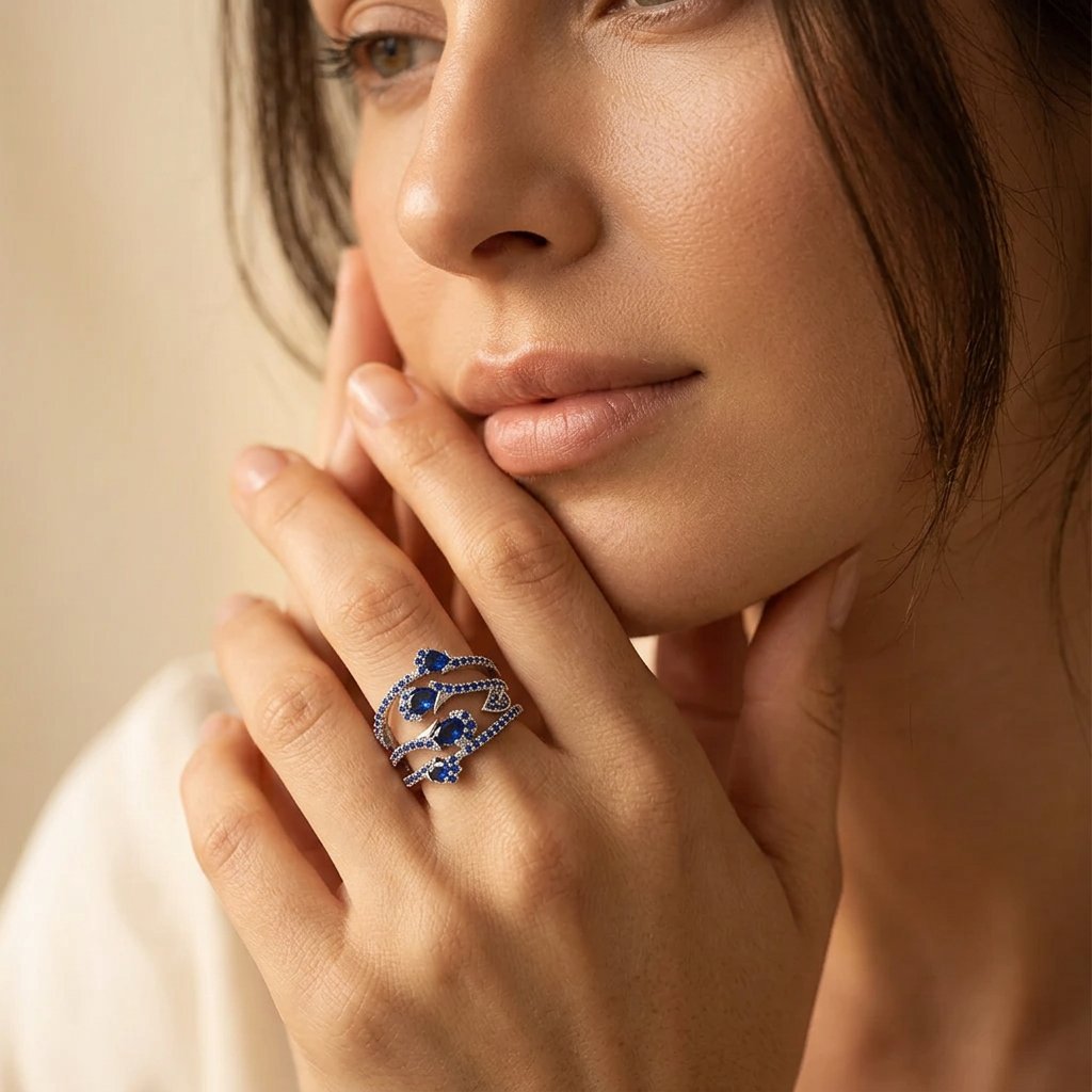Silver-Tone Wide Crossover Ring with Blue Pavé and Pear Stones
