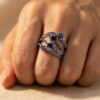 Silver-Tone Wide Crossover Ring with Blue Pavé and Pear Stones
