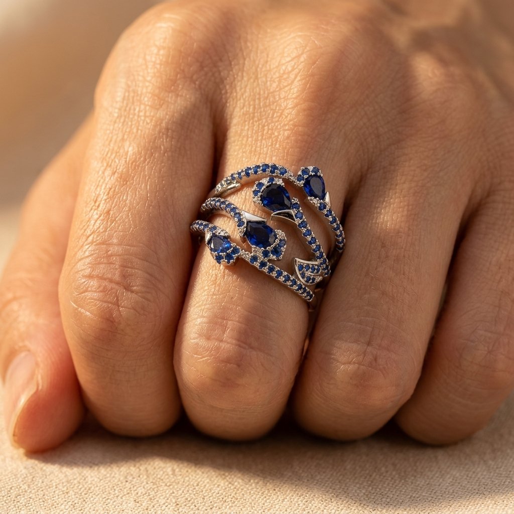 Silver-Tone Wide Crossover Ring with Blue Pavé and Pear Stones