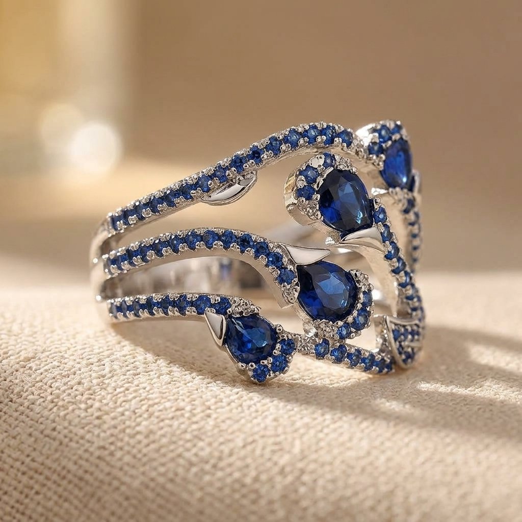 Silver-Tone Wide Crossover Ring with Blue Pavé and Pear Stones