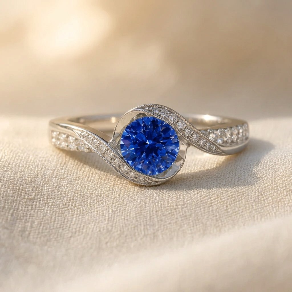 Silver-Tone Swirl Bypass Ring with Round Blue Stone