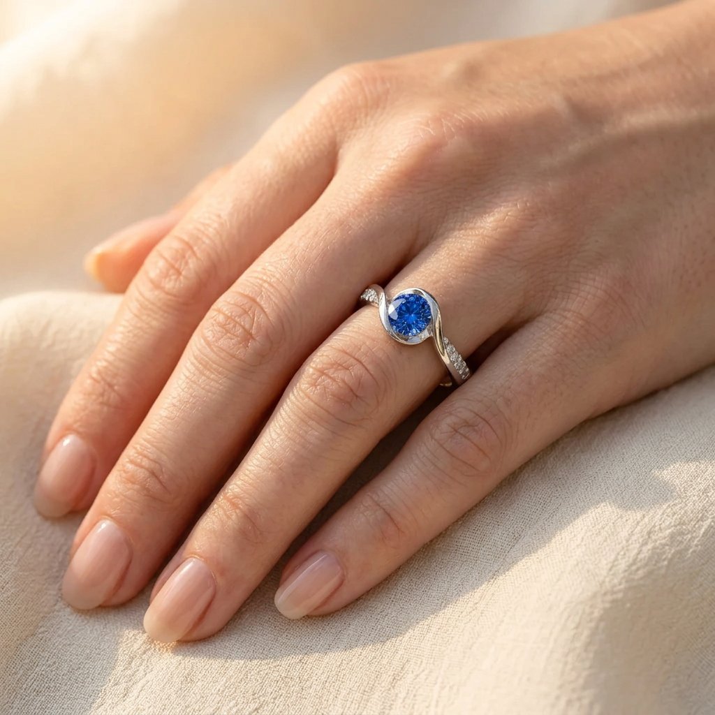 Silver-Tone Swirl Bypass Ring with Round Blue Stone