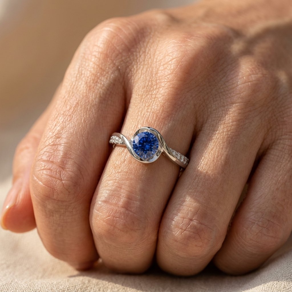 Silver-Tone Swirl Bypass Ring with Round Blue Stone