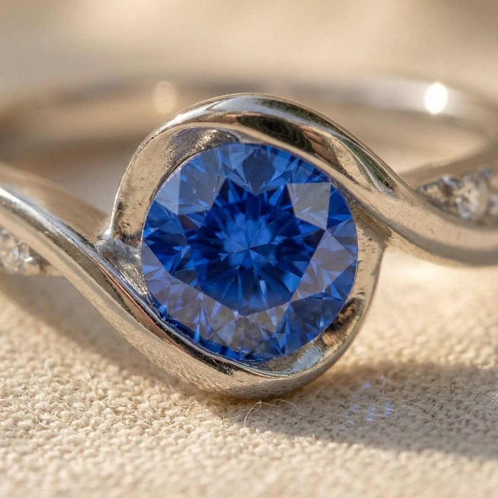 Silver-Tone Swirl Bypass Ring with Round Blue Stone