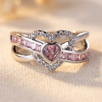 Silver-Tone Crossover Heart Ring with Pink Square Channel Stones