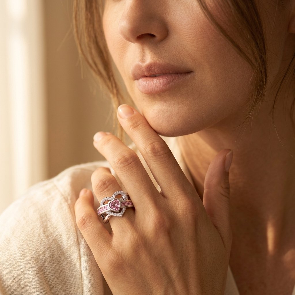 Silver-Tone Crossover Heart Ring with Pink Square Channel Stones