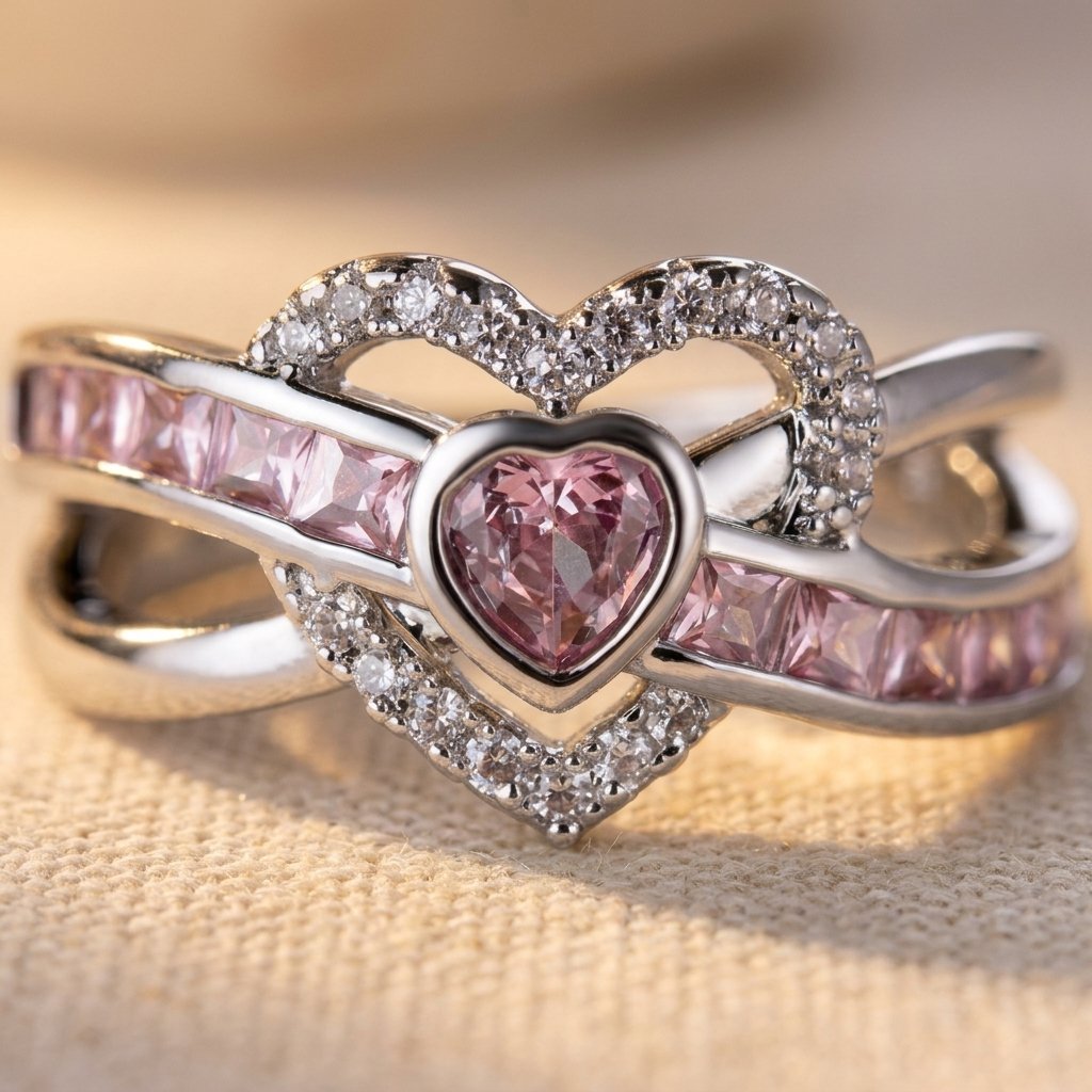 Silver-Tone Crossover Heart Ring with Pink Square Channel Stones