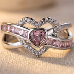 Silver-Tone Crossover Heart Ring with Pink Square Channel Stones