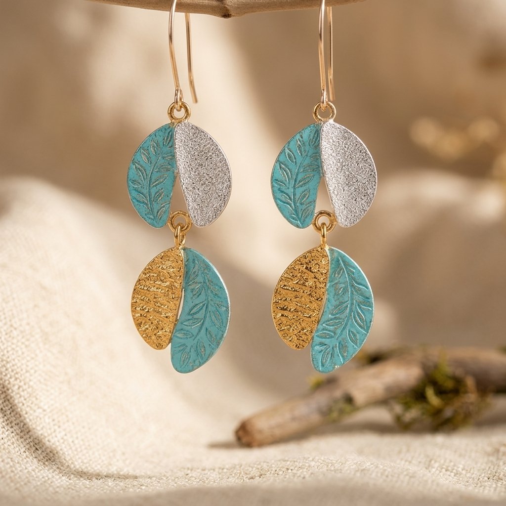 Mixed-Tone Layered Leaf Drop Earrings in Teal Silver and Gold