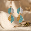 Mixed-Tone Layered Leaf Drop Earrings in Teal Silver and Gold