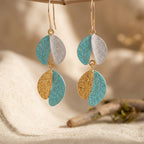 Mixed-Tone Layered Leaf Drop Earrings in Teal Silver and Gold