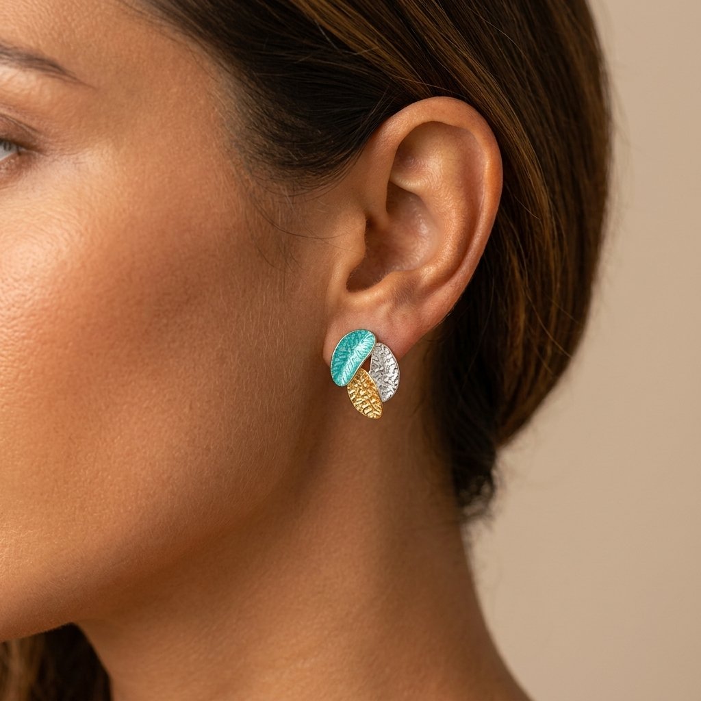 Mixed-Tone Layered Leaf Drop Earrings in Teal Silver and Gold