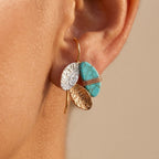 Mixed-Tone Layered Leaf Drop Earrings in Teal Silver and Gold