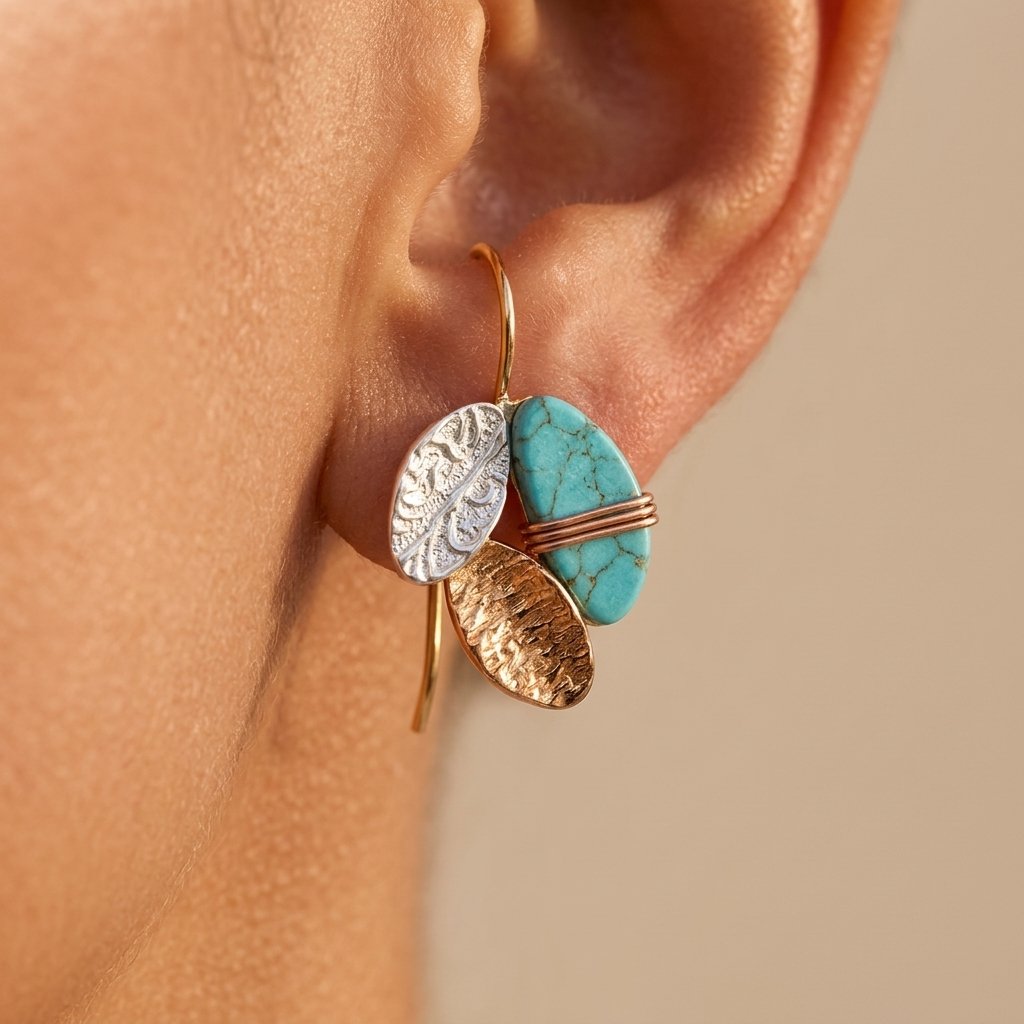 Mixed-Tone Layered Leaf Drop Earrings in Teal Silver and Gold