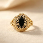 Gold-Tone Filigree Ring with Black Rhombus Centre