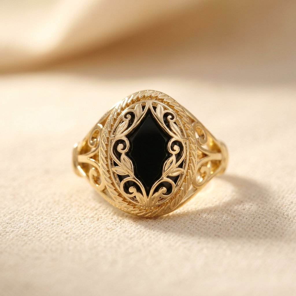 Gold-Tone Filigree Ring with Black Rhombus Centre