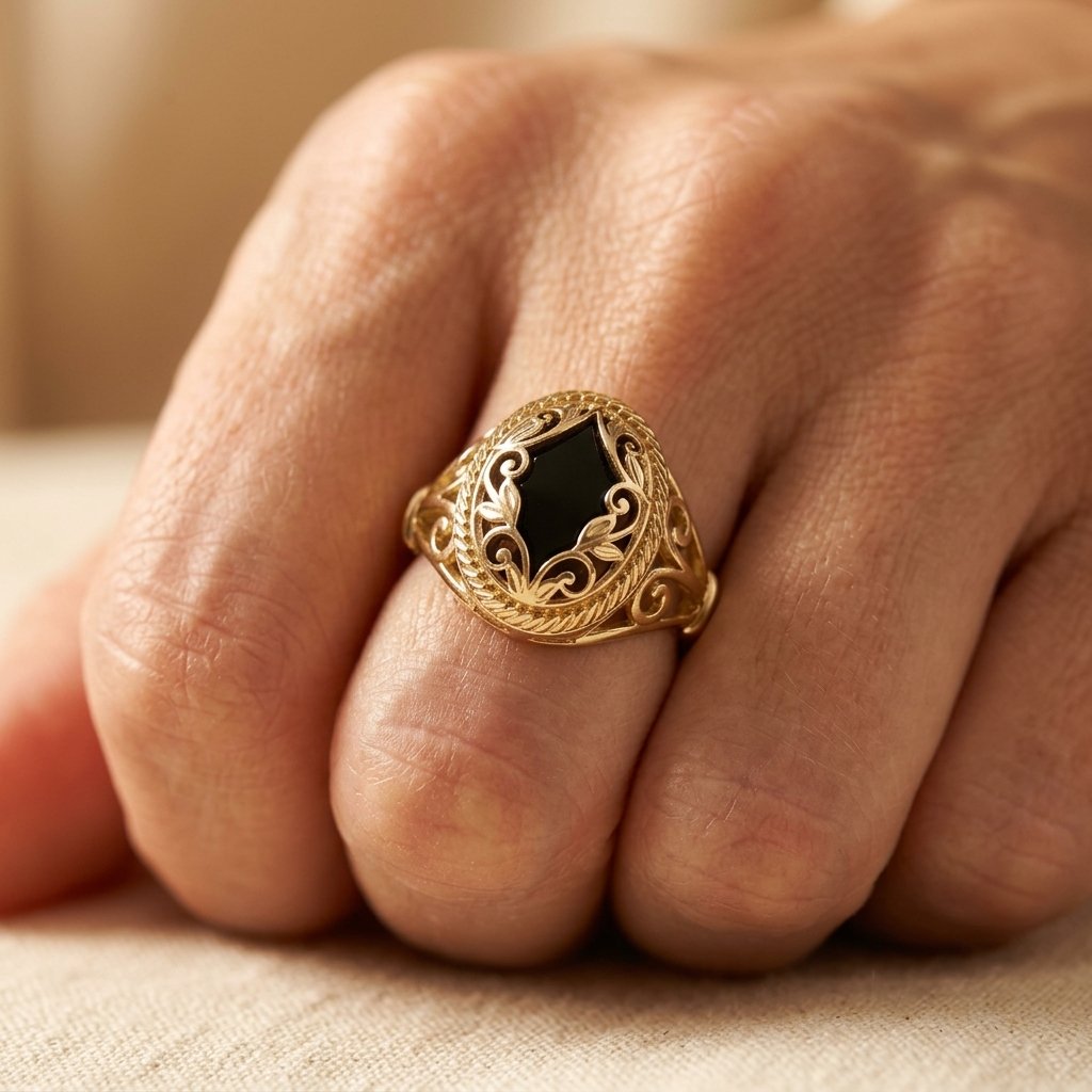 Gold-Tone Filigree Ring with Black Rhombus Centre