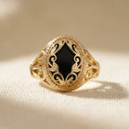 Gold-Tone Filigree Ring with Black Rhombus Centre
