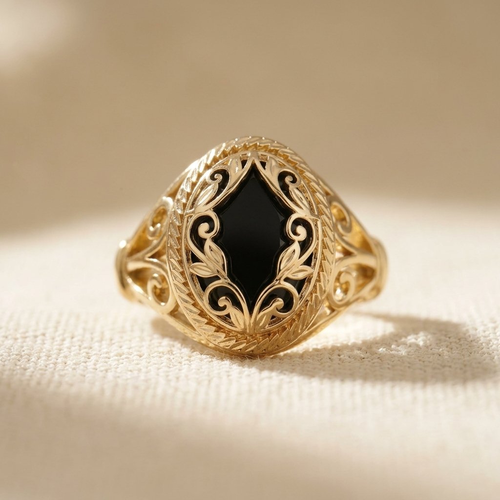 Gold-Tone Filigree Ring with Black Rhombus Centre