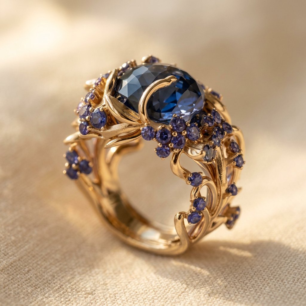 Gold-Tone Vine Cocktail Ring with Round Navy Stone