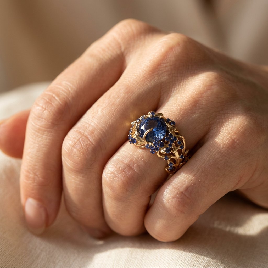 Gold-Tone Vine Cocktail Ring with Round Navy Stone