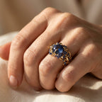 Gold-Tone Vine Cocktail Ring with Round Navy Stone