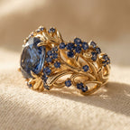 Gold-Tone Vine Cocktail Ring with Round Navy Stone