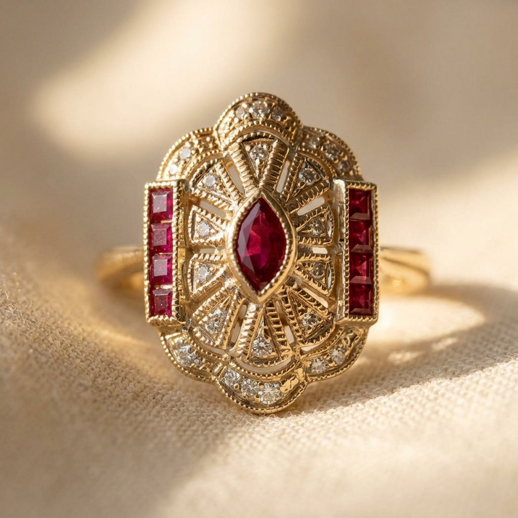 Gold-Tone Art Deco Ring with Red Marquise Stone and Filigree