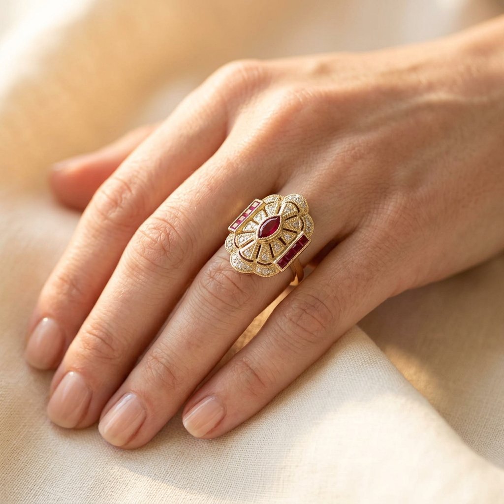 Gold-Tone Art Deco Ring with Red Marquise Stone and Filigree