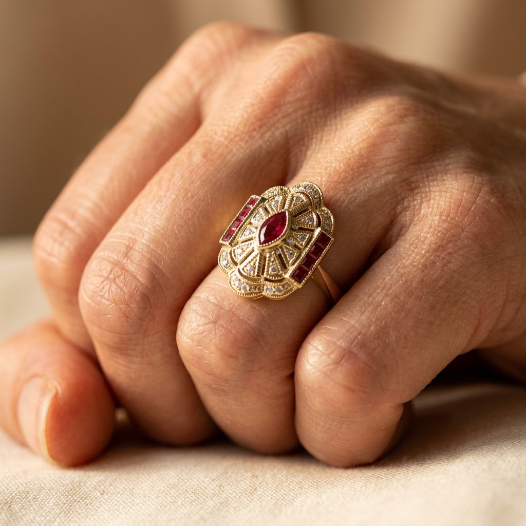 Gold-Tone Art Deco Ring with Red Marquise Stone and Filigree