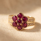 Gold-Tone Red Stone Flower Cluster Ring with Pavé Rows