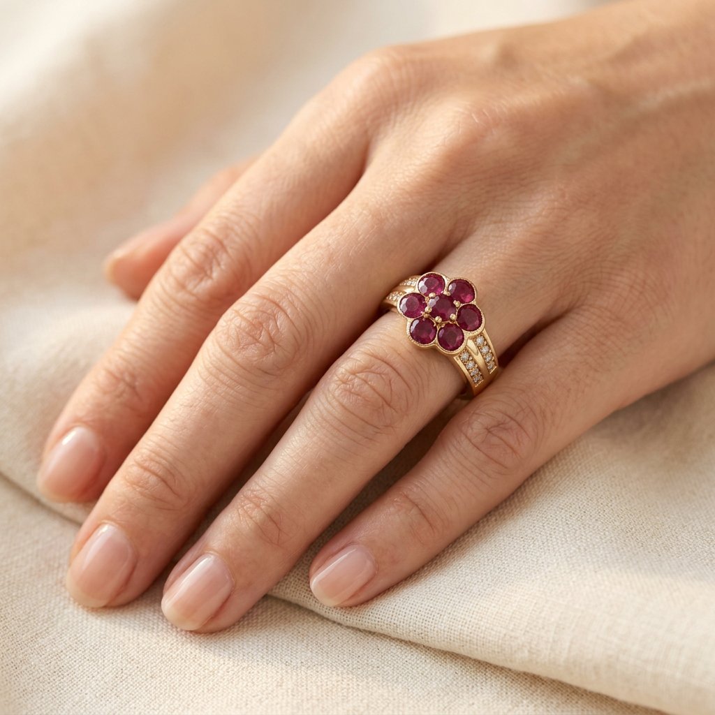 Gold-Tone Red Stone Flower Cluster Ring with Pavé Rows