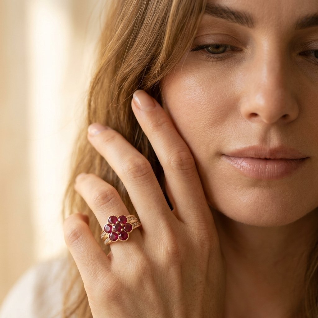 Gold-Tone Red Stone Flower Cluster Ring with Pavé Rows