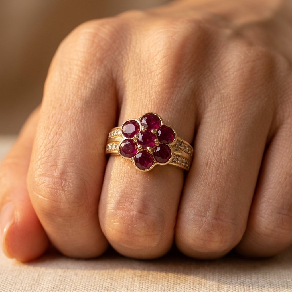 Gold-Tone Red Stone Flower Cluster Ring with Pavé Rows