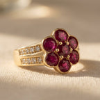 Gold-Tone Red Stone Flower Cluster Ring with Pavé Rows
