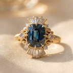 Gold-Tone Art Deco Fan Ring with Deep Blue Cushion Stone