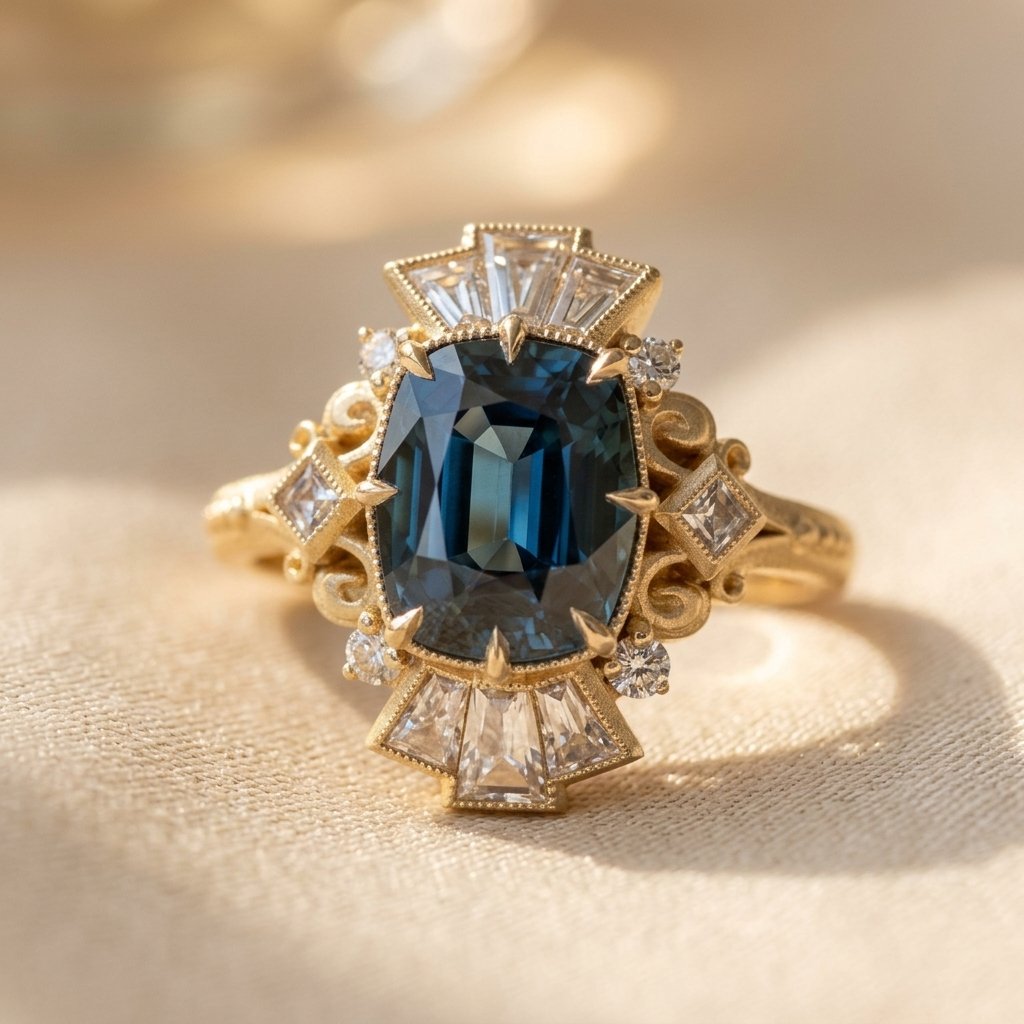 Gold-Tone Art Deco Fan Ring with Deep Blue Cushion Stone