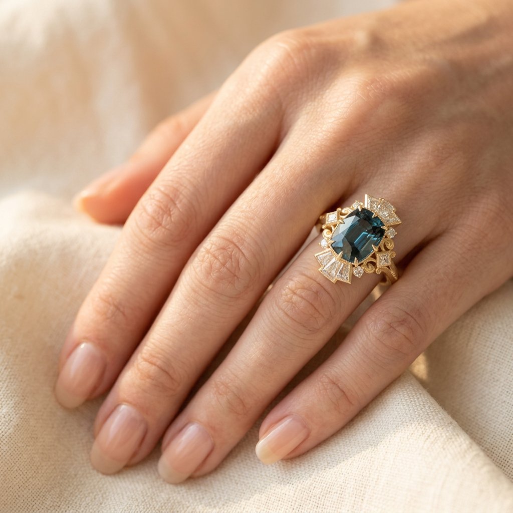 Gold-Tone Art Deco Fan Ring with Deep Blue Cushion Stone