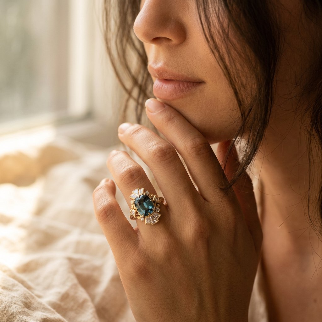 Gold-Tone Art Deco Fan Ring with Deep Blue Cushion Stone