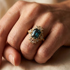 Gold-Tone Art Deco Fan Ring with Deep Blue Cushion Stone