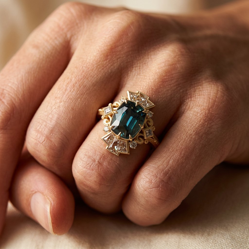 Gold-Tone Art Deco Fan Ring with Deep Blue Cushion Stone