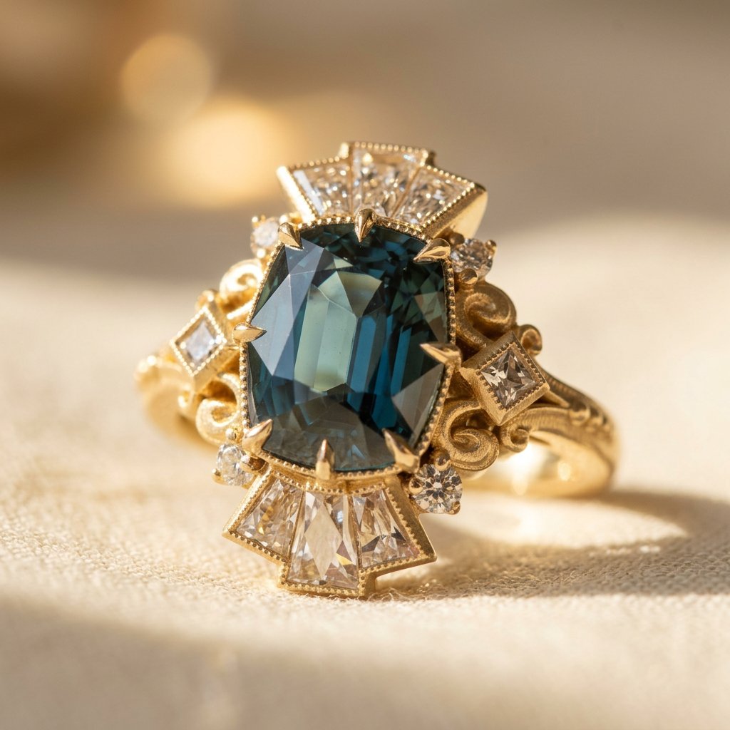 Gold-Tone Art Deco Fan Ring with Deep Blue Cushion Stone