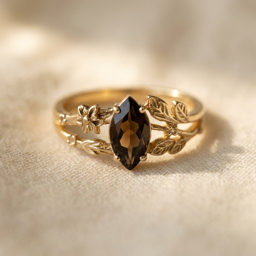 Gold-Tone Leaf Bypass Ring with Smoky Marquise Stone
