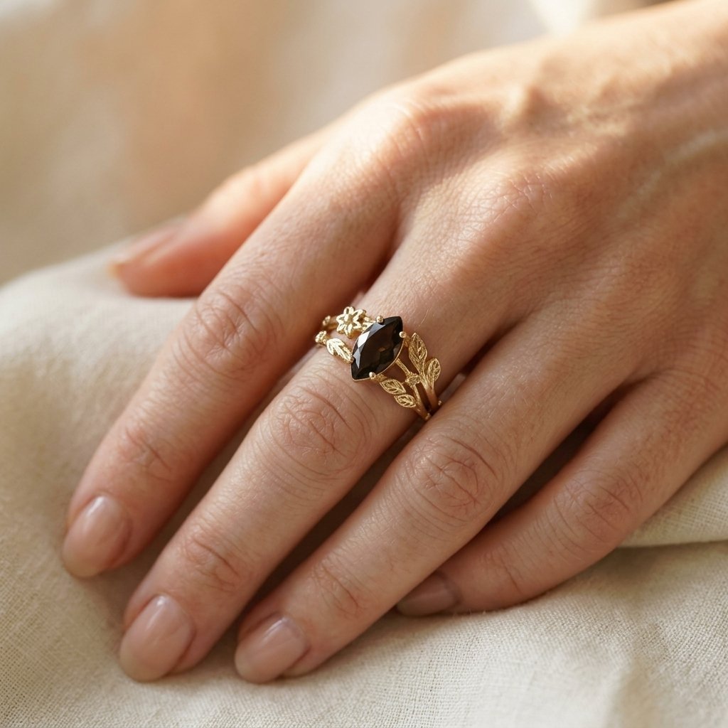 Gold-Tone Leaf Bypass Ring with Smoky Marquise Stone