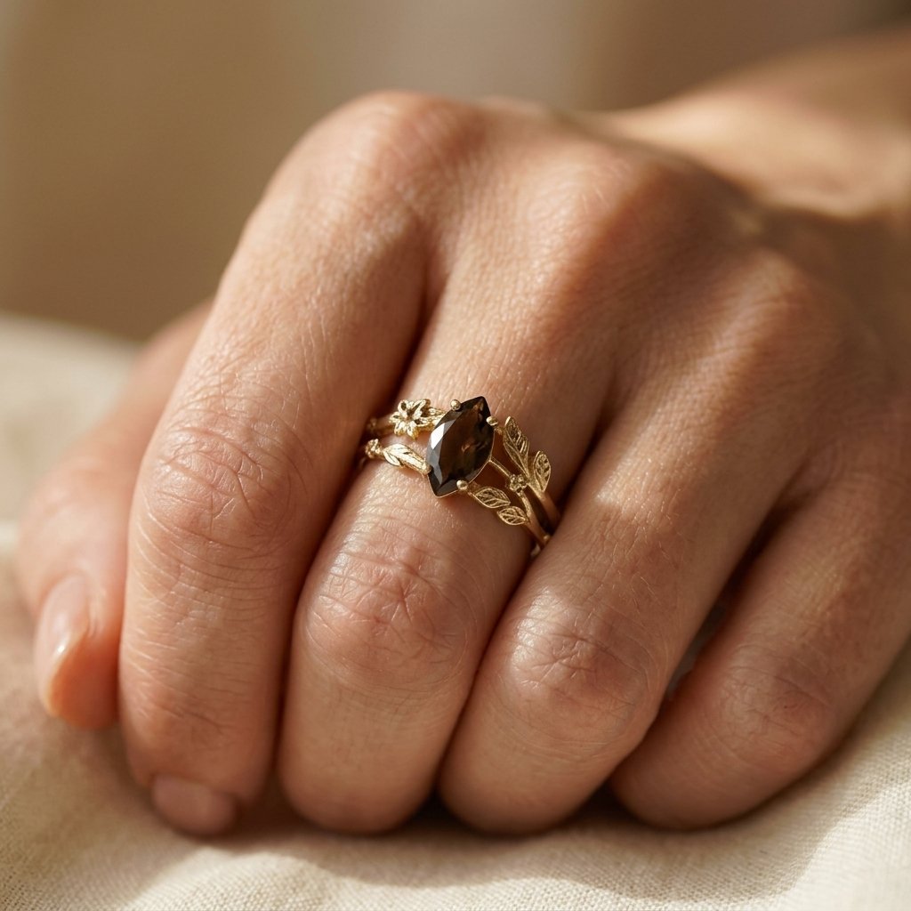 Gold-Tone Leaf Bypass Ring with Smoky Marquise Stone