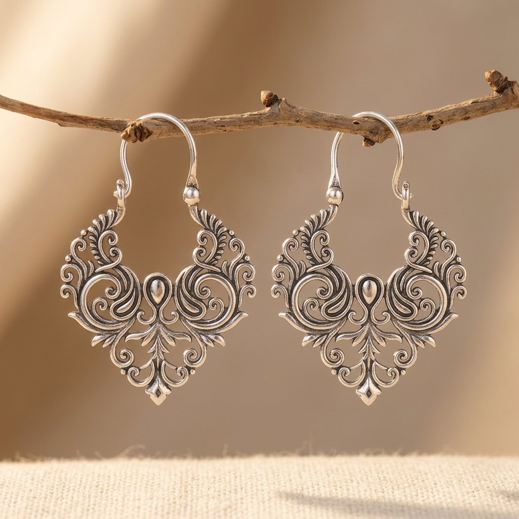 Silver-Tone Antiqued Filigree Scroll Drop Earrings