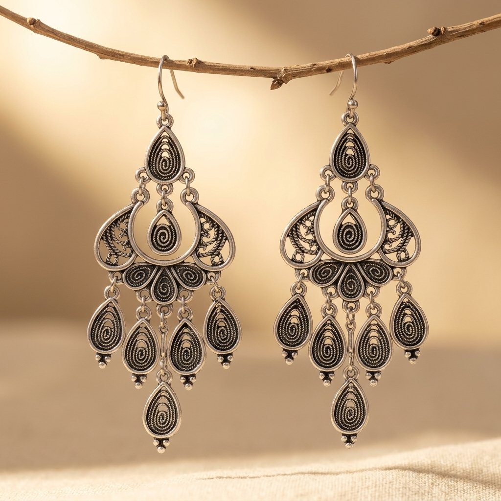 Silver-Tone Mandala Chandelier Earrings with Teardrop Dangles