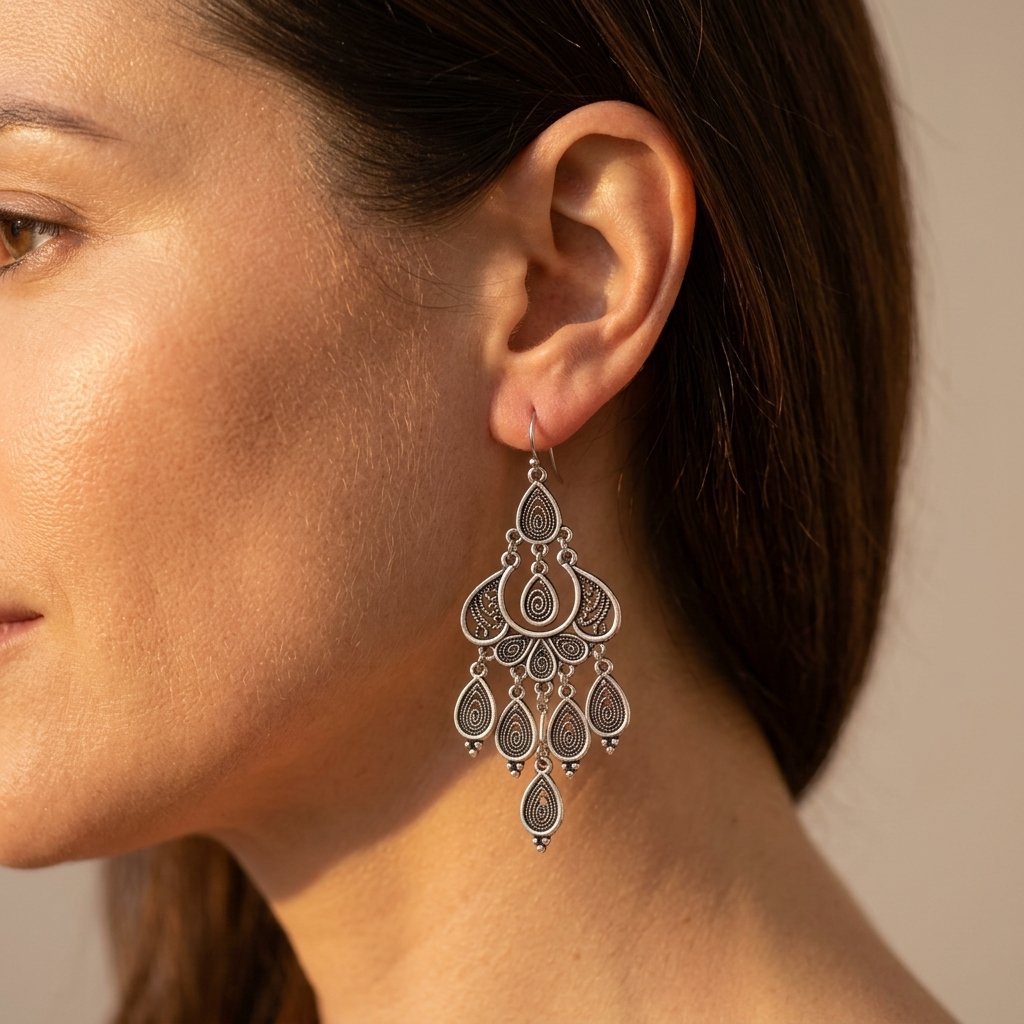 Silver-Tone Mandala Chandelier Earrings with Teardrop Dangles