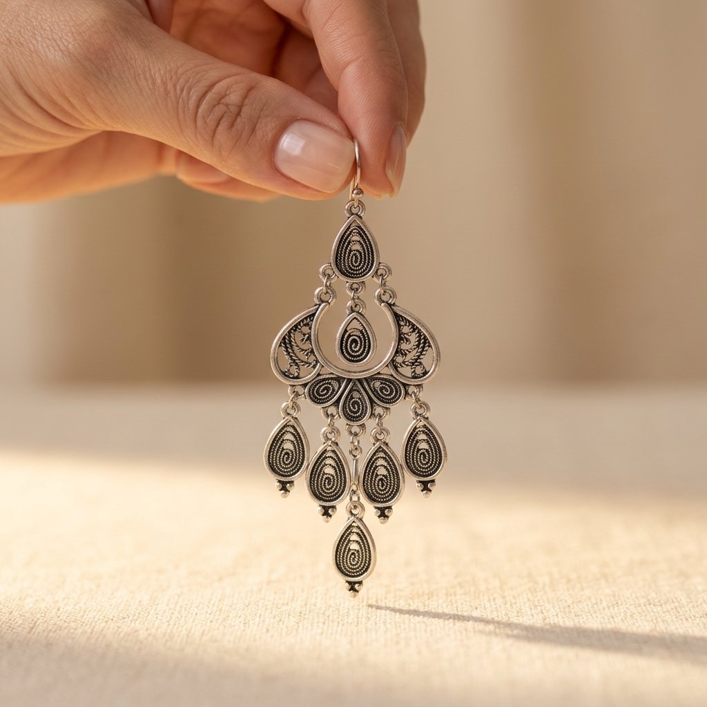 Silver-Tone Mandala Chandelier Earrings with Teardrop Dangles