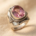 Silver-Tone Bohemian Ring with Large Oval Pink Stone